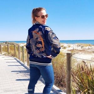 Reversible Japanese inspired satin baseball bomber jacket w/ dragon embroidery